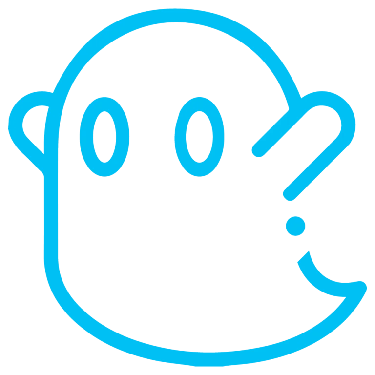 Blaues, minimalistisches Geister-Icon mit großen Augen und einem lächelnden Mund, ideal für digitale Designs.