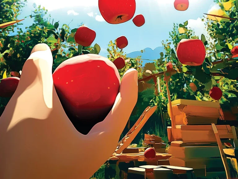 Eine Hand fängt einen roten Apfel in einem Obstgarten mit blühenden Bäumen im Hintergrund.
