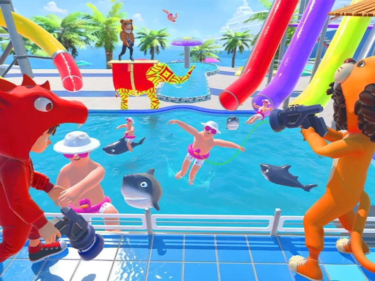 Bunte Wasserrutschen und fröhliche Schwimmer in einem Pool mit Palmen im Hintergrund. Spaß und Erholung für alle!