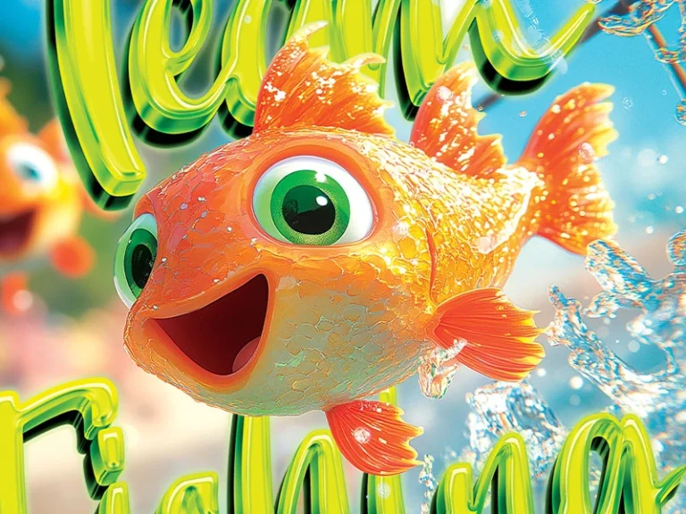 Bunter, fröhlicher Fisch mit großen Augen, schwimmt im Wasser. Perfekt für Kinderunterhaltung und Animation.