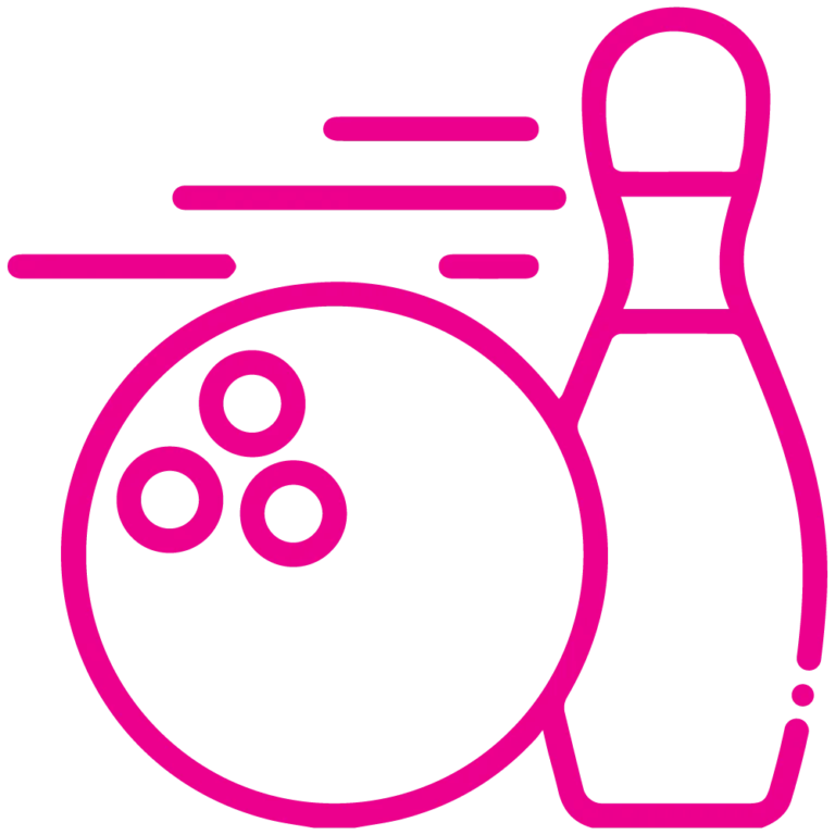 Bunte Bowling-Symbole mit einer Bowlingkugel und einer Kegel-Türme, ideal für Bowling-Events und Freizeitaktivitäten.