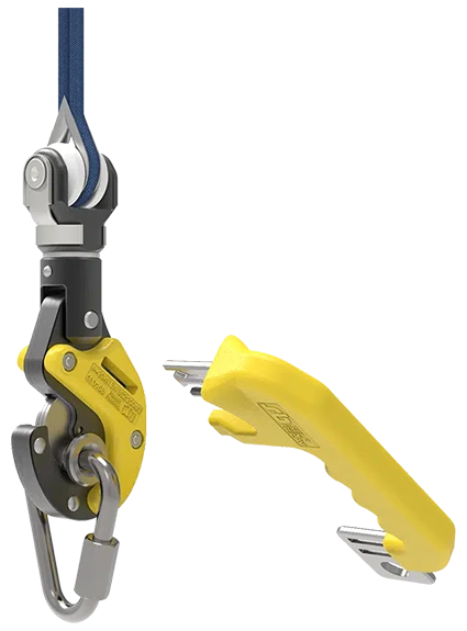 Gelbes Zuggerät mit Seilführung und Mechanismus zur Lastenbefestigung, ideal für industrielle Anwendungen.