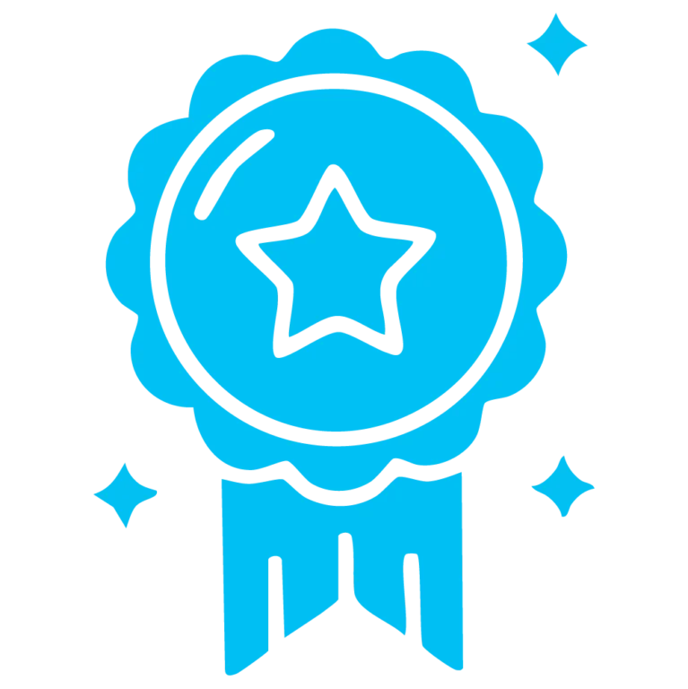 Blaue Auszeichnung mit Sternen, symbolisiert Erfolg und Anerkennung in Wettbewerben oder Leistungen.