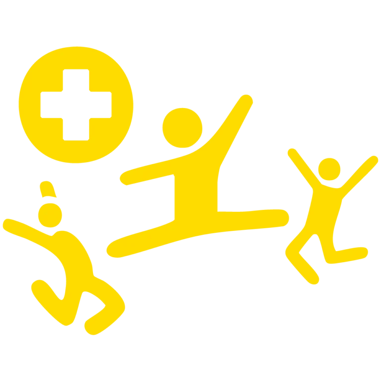 Gelbes grafisches Symbol mit Pluszeichen und dynamischen Figuren, das Wachstum und Aktivität darstellt. Ideal für Gesundheits- und Fitnessinhalte.