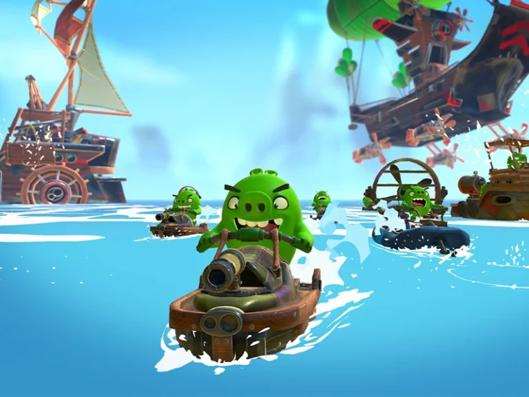 Grüne Schweine in Booten auf dem Wasser, umgeben von Piratenschiffen. Lustiges Abenteuer in einer bunten Gaming-Welt.