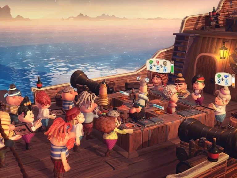 Eine Gruppe von bunten Charakteren feiert auf einem Schiff mit Blick auf das Meer im Hintergrund. Abenteuerliche Stimmung.