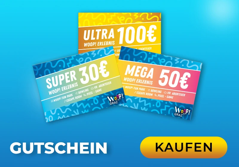 Geschenkgutscheine für Woop! Graz: Erleben Sie Abenteuer im Fun Park, Bowling, VR und Escape Room in drei Preiskategorien.