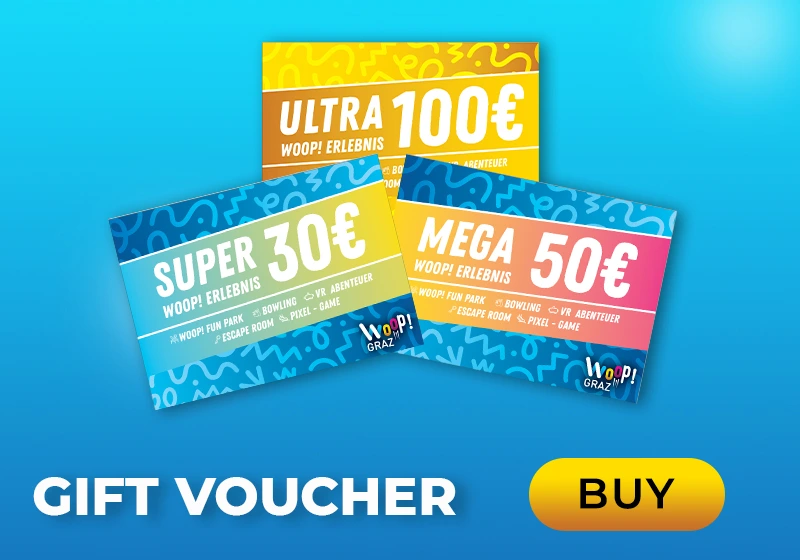 Geschenkgutscheine für Woop! Erlebnis in Graz: Optionen für 30€, 50€ und 100€ für Spaß und Abenteuer.