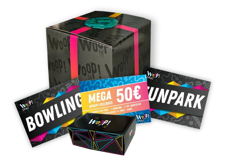Geschenkpaket mit Erlebnisgutscheinen für Woopi Funpark, Bowling und Abenteuer in Graz. Spaß für die ganze Familie!