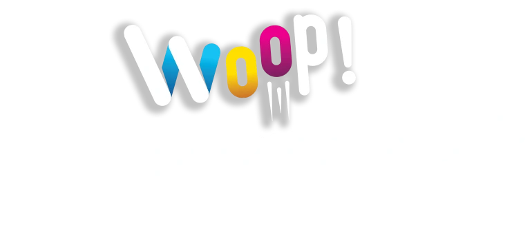 Buntes Woop! Logo mit dem Slogan „Guten Tag“ für eine lebendige Markenpräsentation. Ideal für kreative Kampagnen.