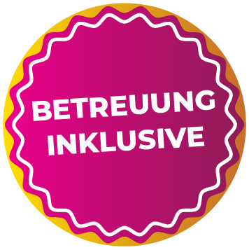 Grafik mit dem Text "Betreuung inklusive" in pinker Schrift auf gelbem Hintergrund, betont inklusive Dienstleistungen.