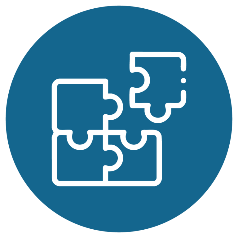 Puzzlesymbol in einem blauen Kreis, das Teamarbeit und Problemlösung darstellt. Ideal für kreative Projekte.