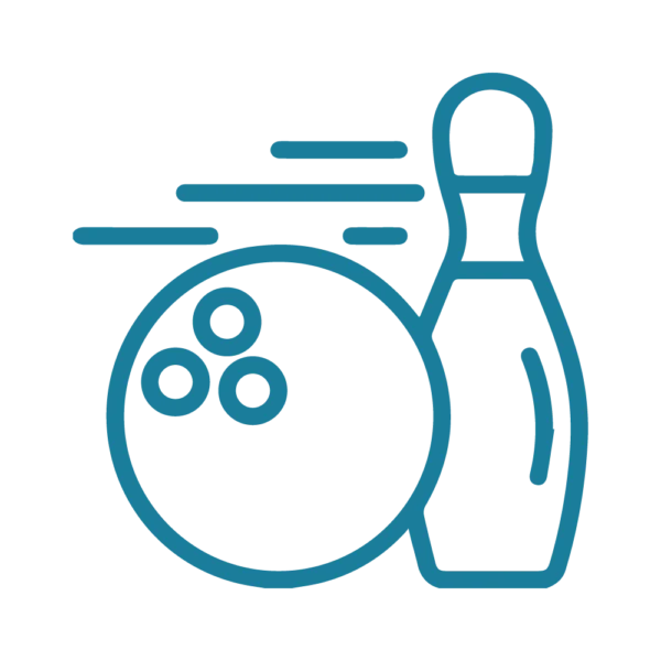 Symbol eines Bowlingballs und einer Kegel, die Geschwindigkeit und Spielspaß darstellen. Ideal für Bowling-Enthusiasten.