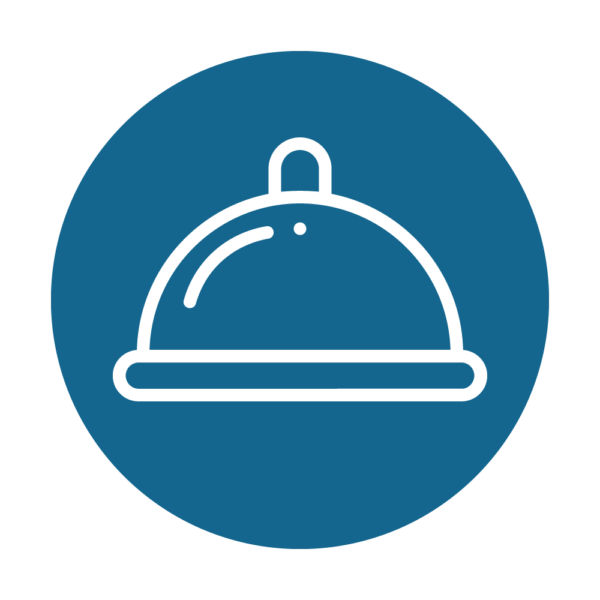 Symbol einer Essensglocke auf blauem Hintergrund, ideal für Gastronomie-Websites oder Menüanzeigen.