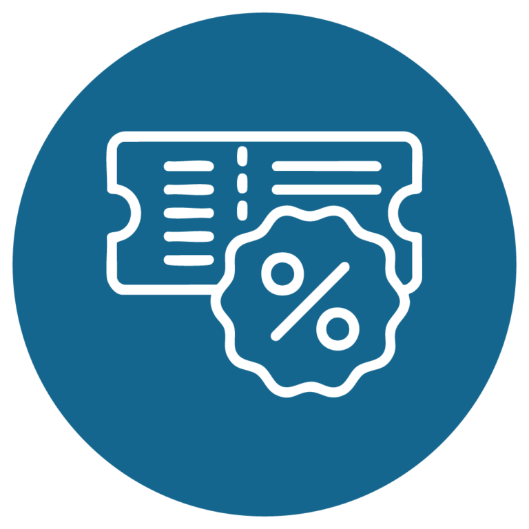 Symbol für ein Ticket mit Rabatt, dargestellt durch ein Prozentzeichen. Ideal für Angebote und Sonderaktionen.