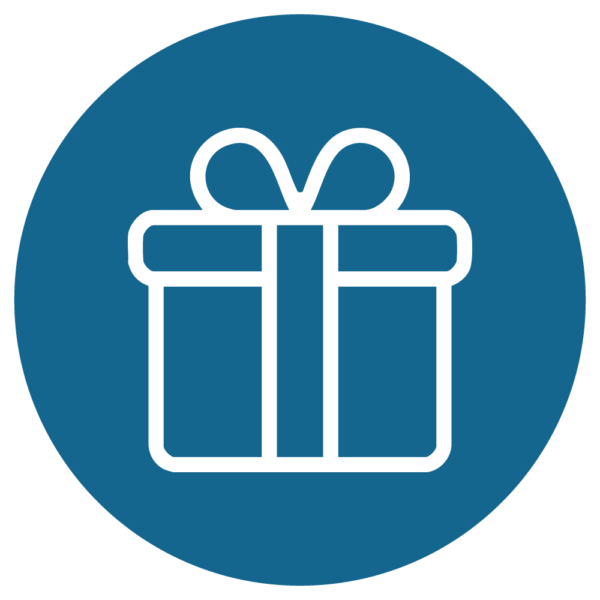 Geschenk-Icon auf blauem Hintergrund, symbolisiert Freude und Überraschung bei besonderen Anlässen.