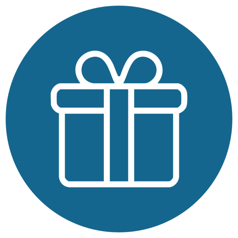 Geschenk-Icon auf blauem Hintergrund, symbolisiert Freude und Überraschung bei besonderen Anlässen.