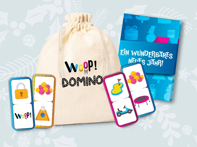 Woop! Domino-Spielset mit bunten Spielkarten und Baumwollbeutel, ideal für Familienunterhaltung und Geschenke.