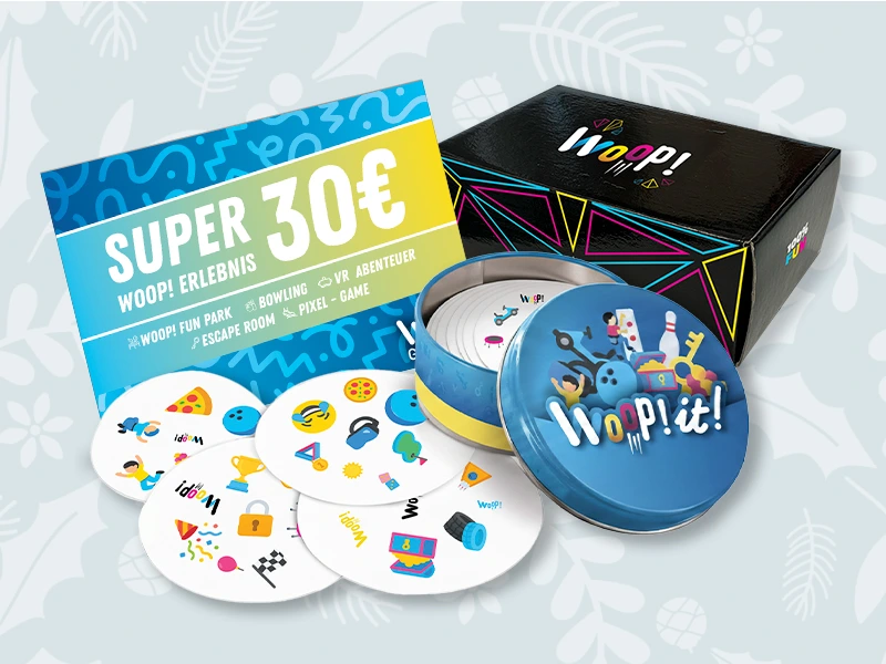 Woop! Erlebnisbox mit Gutschein für 30€ und Spielkarten für verschiedene Aktivitäten wie Bowling und Escape Room.