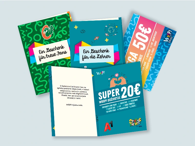 Bunte Gutscheine und Geschenkkarten für treue Fans und Lehrer, ideal für besondere Anlässe und Erlebnisse.
