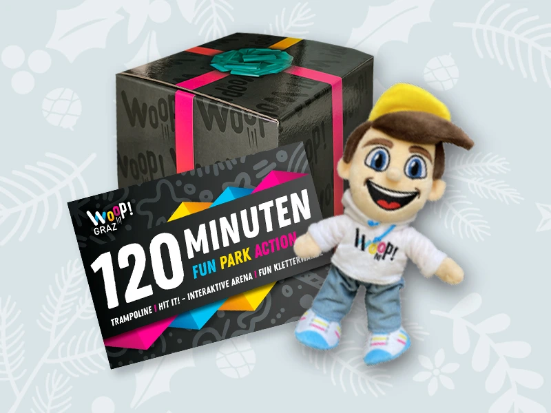 Woop! Graz Geschenkbox mit 120 Minuten Fun Park Action, Trampolin und interaktiver Arena. Kuscheltierfigur inklusive.