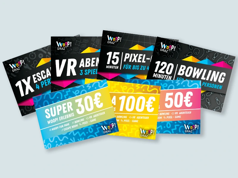Vielfältige Erlebnisgutscheine von Woop! Graz für VR-Abenteuer, Escape Rooms und Bowling für Gruppen.