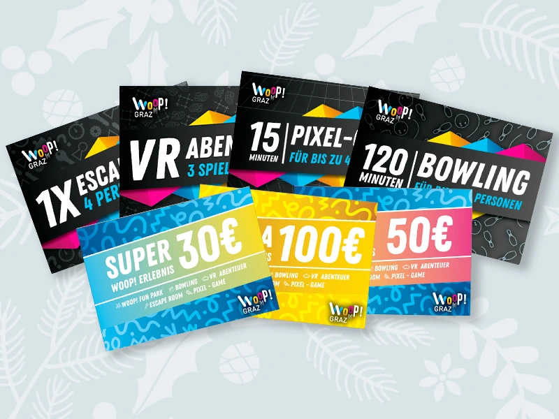 Bilder von Woop! Graz Erlebnisgutscheinen für VR-Abenteuer, Bowling und Escape Rooms, ideal für Gruppenunterhaltung.