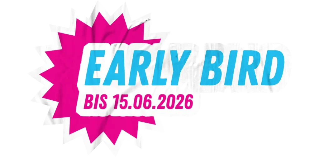 Grafik für Frühbucher-Angebot bis zum 15.06.2026, hervorgehoben mit buntem Design.