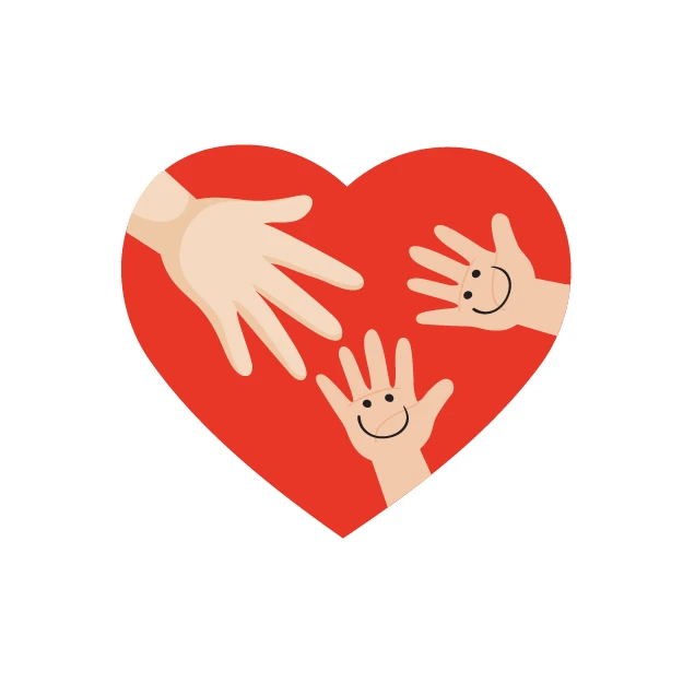 Illustration von Händen und lächelnden Kinderhänden in einem Herz, symbolisiert Liebe und Gemeinschaft.