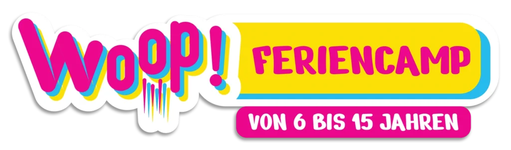 Buntes Logo des Woop! Feriencamps für Kinder von 6 bis 15 Jahren, das Spaß und Abenteuer verspricht.