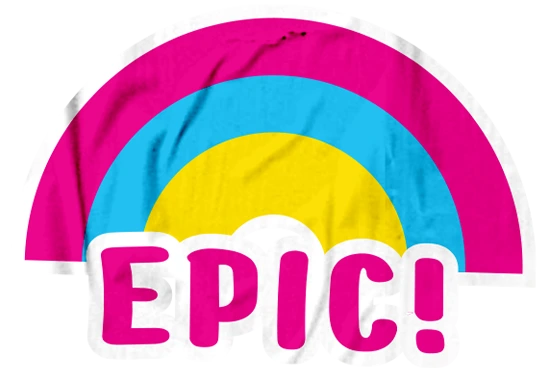 Buntes Regenbogen-Design mit dem Wort "EPIC!" in auffälliger Schrift. Ideal für kreative Projekte und Merchandise.