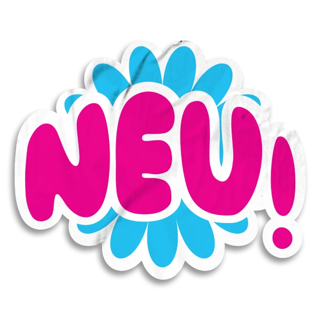 Buntes "NEU!"-Logo auf blauer Blume für Produktankündigungen und Marketing. Frische Ideen und neue Angebote.