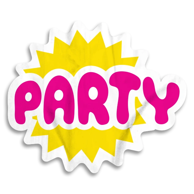 Bunte Party-Grafik mit dem Wort "PARTY" in pink und gelber Explosion im Hintergrund. Perfekt für Feier-Themen.