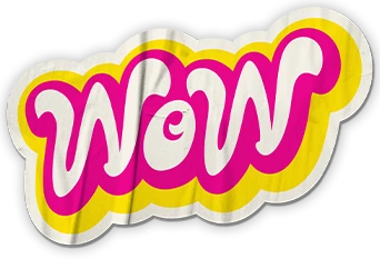 Bunte "WOW"-Grafik mit verspielter Schriftart auf schwarzem Hintergrund, ideal für kreative Designs und Werbung.